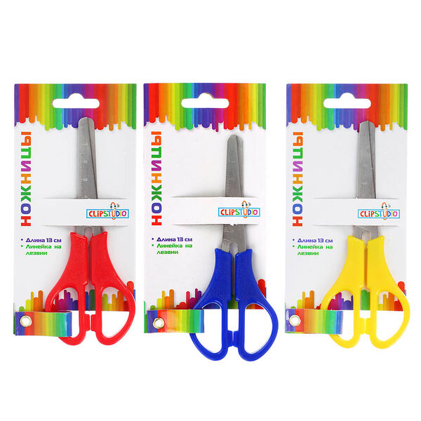 Ножницы школьные Clipstudio 13см с линейкой, пластиковые ручки, на карточке с подвесом, 3 цвета в ассортименте, 1 шт