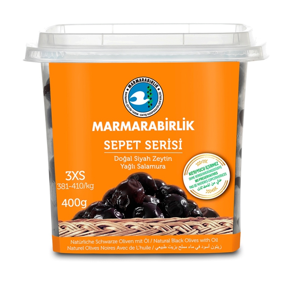

Оливки MARMARABIRLIK черные натуральные с косточкой в масле 410 г, Турция