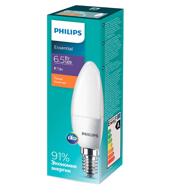 Philips Лампа светодиодная Свеча 6,5Вт E14 теплый