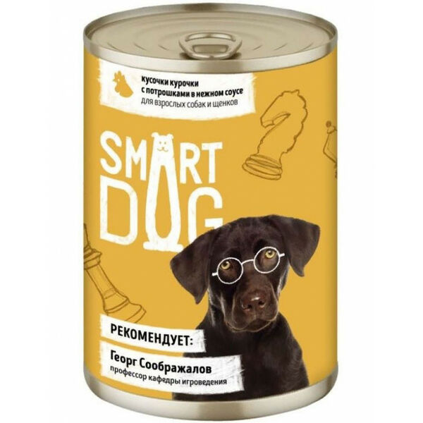 Консервы для взрослых собак и щенков Smart Dog кусочки курочки с потрошками в нежном соусе 400 г