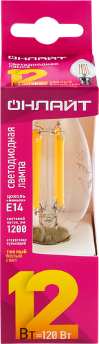 Лампа светодиодная ОНЛАЙТ LED 12Вт, 2700К, Е14, свеча, филамент Арт. 80896