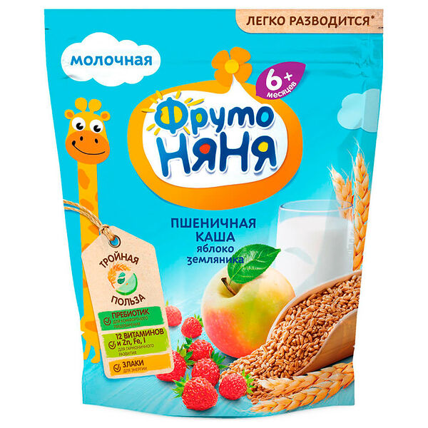 Каша ФрутоНяня 200г молочная пшеничная яблоко земляника с 6 месяцев