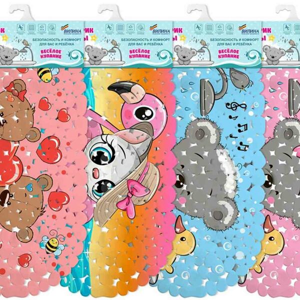 Коврик для ванны ВИЛИНА Веселое купание 36х69см, детский, с присосками, в ассортименте