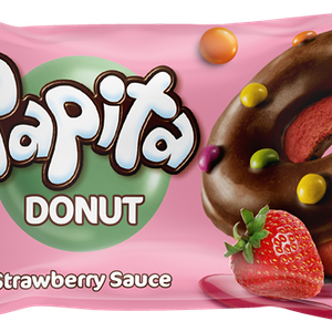 Кекс Solen Papita donut с какао-глазурью, клубничной начинкой и цветным драже, 40г