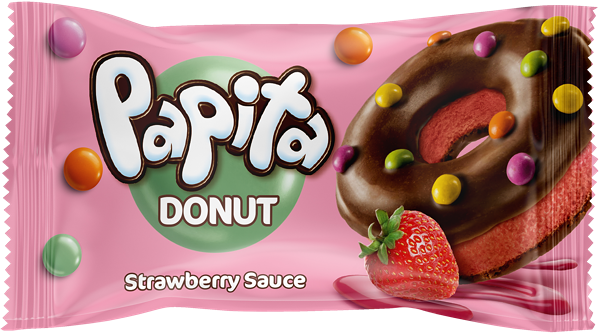 Кекс Solen Papita donut с какао-глазурью, клубничной начинкой и цветным драже, 40г