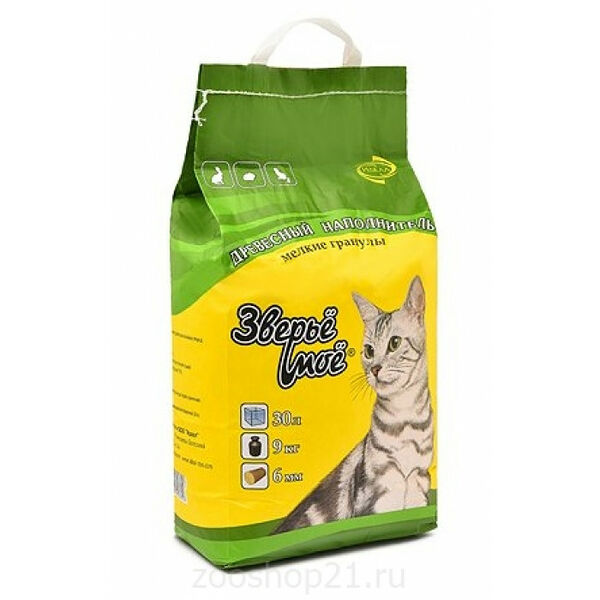 Наполнитель для кошачьего туалета Зверье Мое древесный мелкие гранулы 30л 9кг