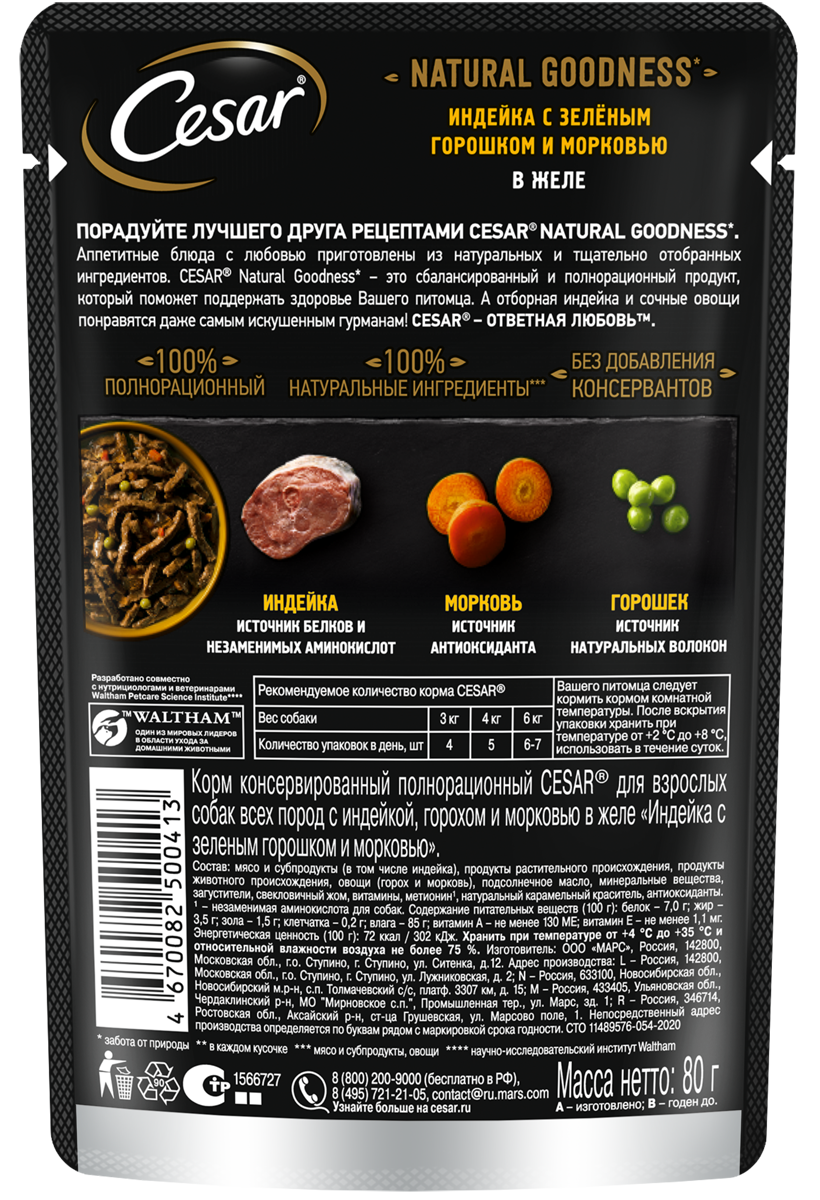 

Влажный корм Cesar Natural Goodness для собак, с индейкой, горохом и морковью в желе 80 г