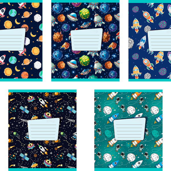 Тетрадь ПЗБМ ученическая, 18л, А5, клетка, скрепка, Ракеты, Премиум 4+0+Т, в ассортименте