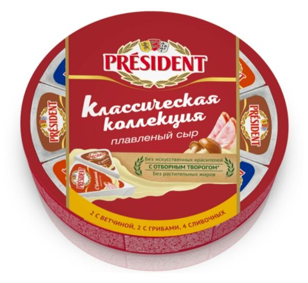  Сыр плав Классическая Коллекция слив, с ветч, с гриб 140г 45% круг President