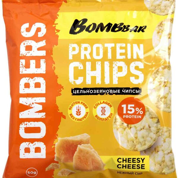 Протеиновые чипсы Bombbar цельнозерновые Нежный сыр с коллагеном (без глютена)50 г, Россия