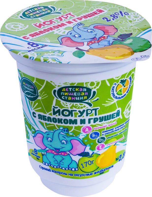 

Йогурт Детская пищевая станция яблоко-груша с 8 месяцев 2.8% 170 г