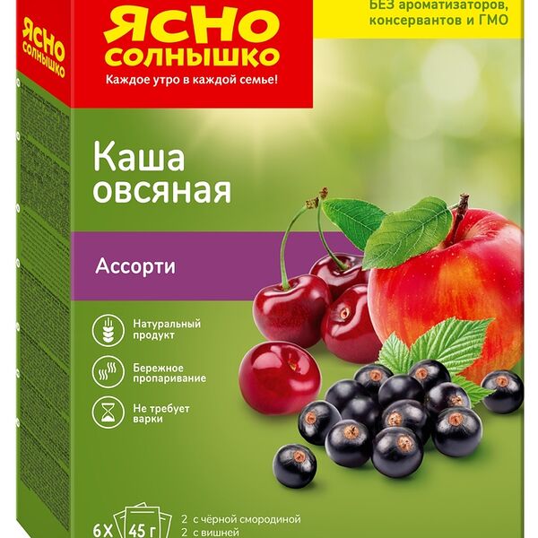 Каша Ясно солнышко Овсяная ассорти №15 черная смородина вишня и яблоко 6х45 г