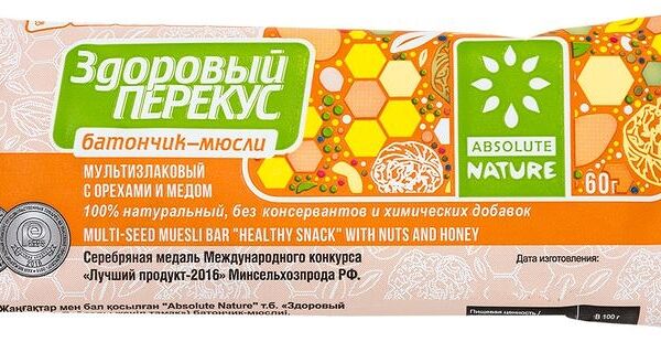 Батончик-мюсли мультизлаковый Absolute Nature Здоровый перекус с орехами и мёдом