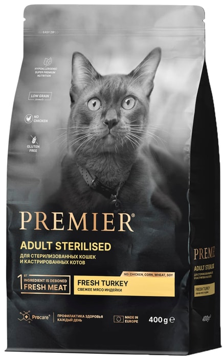 

Сухой корм для кошек Premier Cat Turkey Sterilised Свежее мясо индейки 400 г