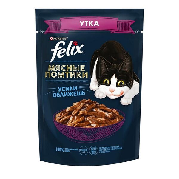 Корм влажный Felix полнорационный для взрослых кошек Мясные Ломтики, с уткой