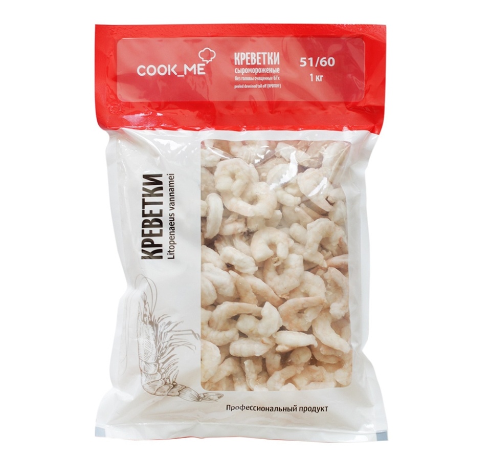 

Креветки ваннамей свежемороженые очищенные без хвоста, Cook_me, 1 кг, 51/60, Индия