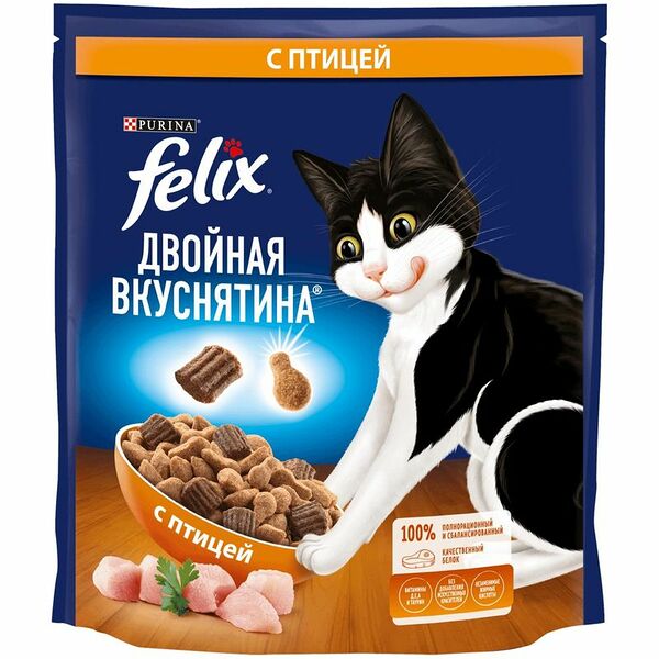 Корм Felix Purina Двойная вкуснятина сухой с птицей для кошек, 600г