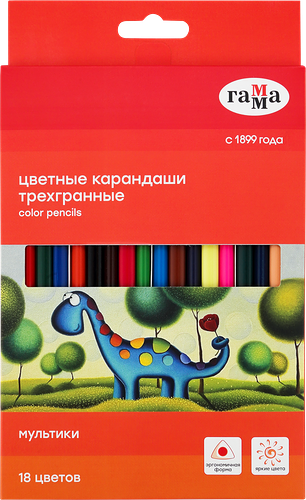Карандаши цветные ГАММА Мультики, трехгранные, 18 цветов, Арт. 290122_18