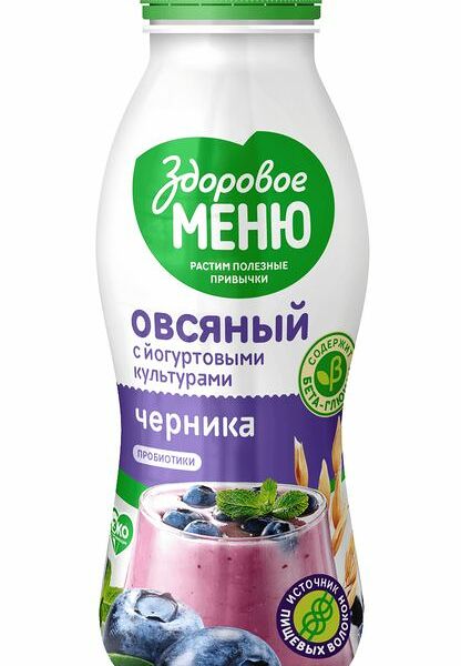 Напиток овсяный Здоровое Меню Черника с йогуртовыми культурами и пробиотиками, 250мл