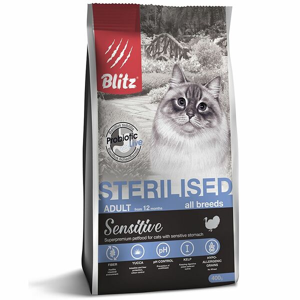 Blitz Sensitive Turkey Adult Sterilised Cat All Breeds с индейкой для стерилизованных кошек 400 г