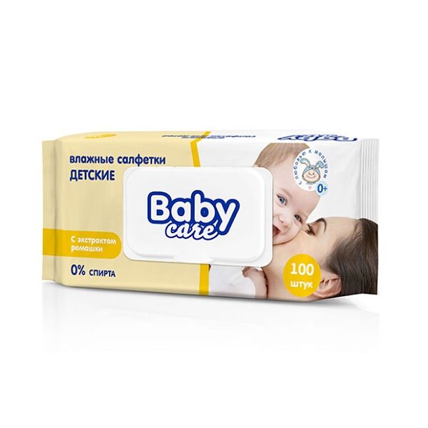 Салфетки влажные Baby Care детские с экстрактом ромашки 100 шт