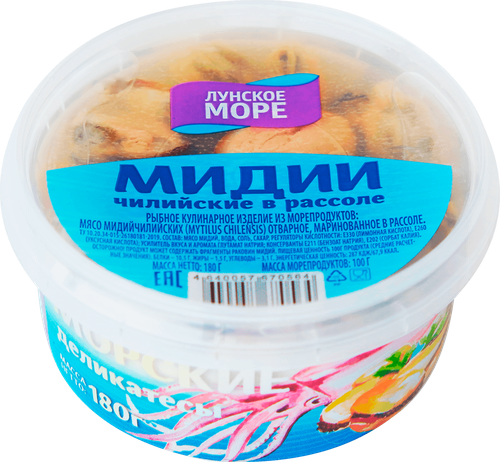 

Коктейль из морепродуктов ЛУНСКОЕ МОРЕ мидии и щупальца кальмара в рассоле, 180г