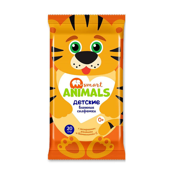 Салфетки влажные смарт энималс 20 шт детские микс с ромашкой и витамином е