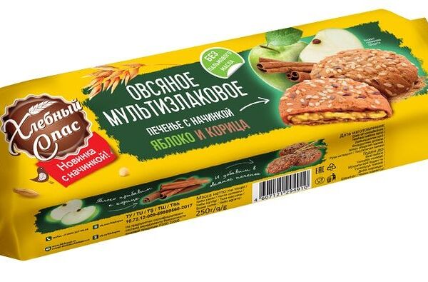 Печенье Хлебный Спас Мультизлак овсяное с начинкой из яблока с корицей, 250г