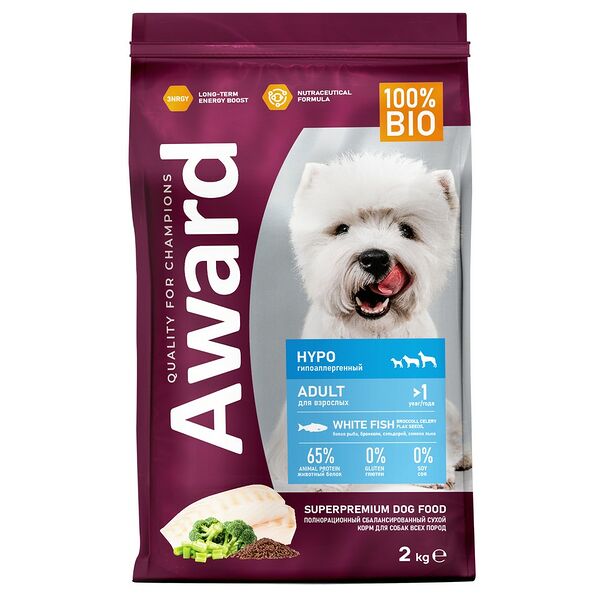 Сухой корм Award Hypo для взрослых собак всех пород,белая рыба с добавлением брокколи, сельдерея и семян льна 2 кг