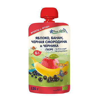 Пюре Fleur Alpine яблоко-банан-чёрная смородина-черника с 6 месяцев