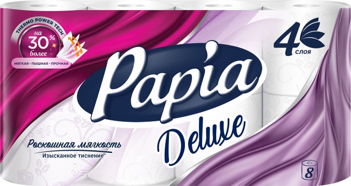 

Бумага туалетная Papia Deluxe белая 4 слоя 8 рулонов