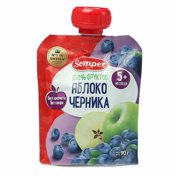 Фруктовое пюре яблоко, черника ТМ Semper (Cемпер) с 5 месяцев, 90 г