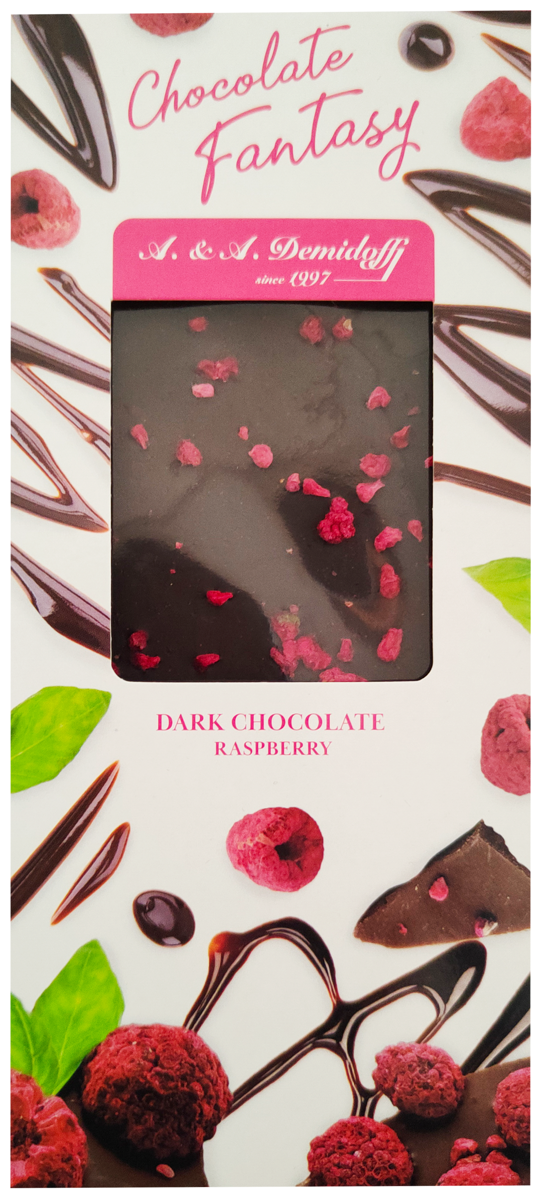 

Шоколад горький А.&А.Demidoff 55% какао с добавлением кусочков сушеной малины 90 г