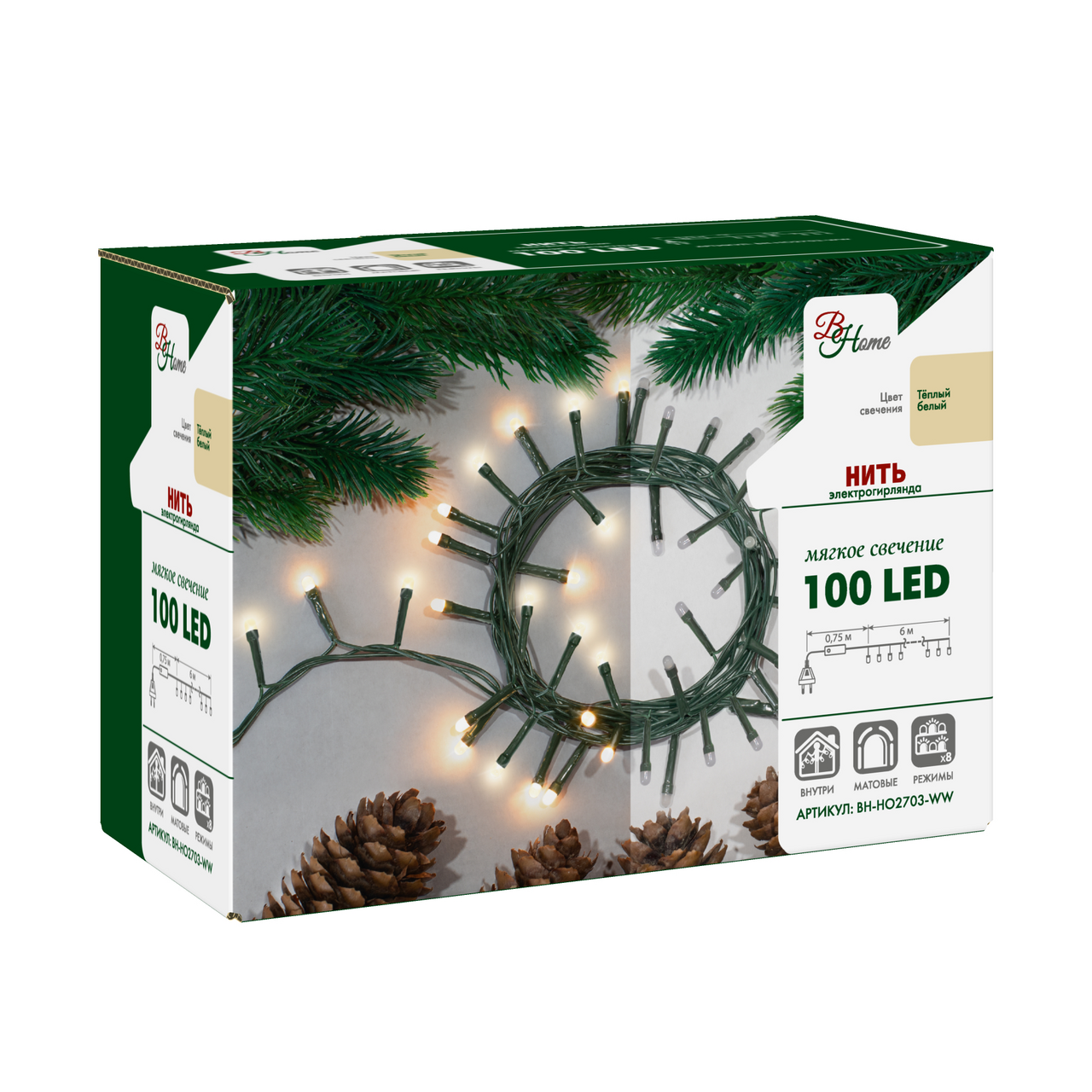 

Электрогирлянда Нить для помещений 6м, 100 led матовых белый теплый B&h, Китай