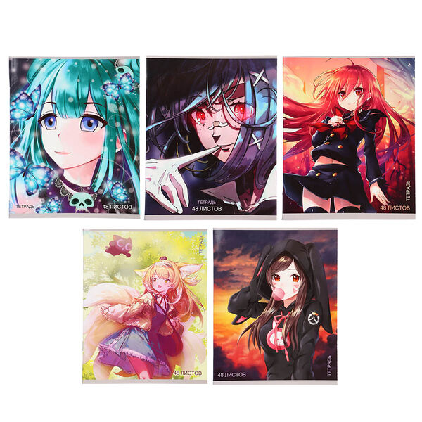 Тетрадь общая 48л. в клетку, офсет, обл. импортный картон, скрепка, “аниме 2”, уф лак, в ассортименте