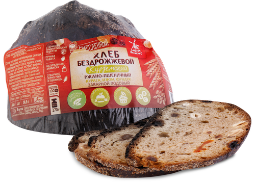 

Хлеб заварной бездрожжевой Хлебное местечко Курземский с курагой, изюмом и фундуком нарезка 270 г