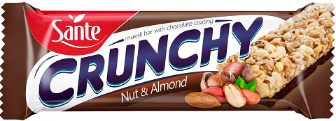 Батончик мюсли  Crunchy  с лес. орехом и миндалем в шок глазури 40г.