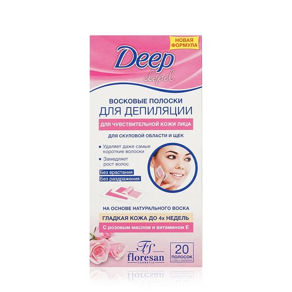 Восковые полоски для депиляции Floresan Gel Depil для скуловой области и щек с розовым маслом и витамином Е 20шт