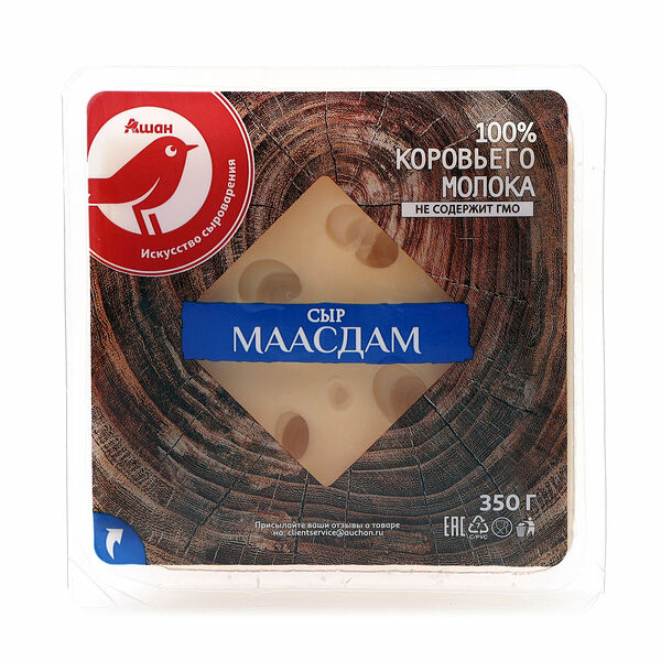 Сыр твердый АШАН Красная птица Маасдам 45% нарезка