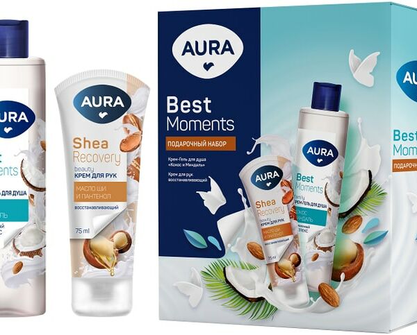 Подарочный набор Aura Best Moments Крем-гель для душа Кокос и Миндаль 250мл + Крем для рук с маслом ши 75мл