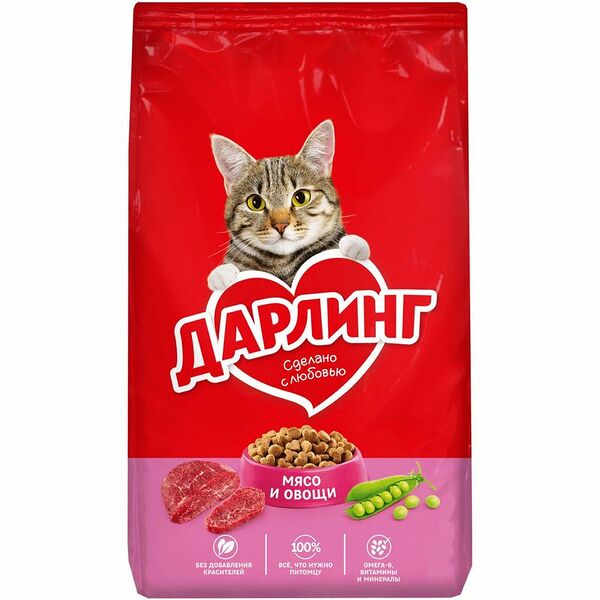 Корм Дарлинг для взрослых кошек с мясом и добавлением овощей сухой, 760г