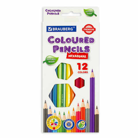 Карандаши цветные Brauberg Premium 12цв шестигранные грифель мягкий 3,3мм 181656