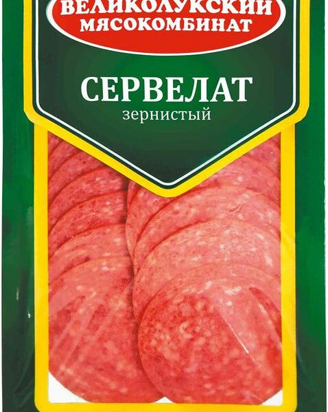 Колбаса варёно-копчёная Великолукский мясокомбинат сервелат Зернистый, нарезка