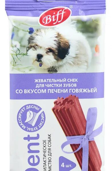 Лакомство для собак Жевательный снек для чистки зубов Biff Dent со вкусом печени говяжьей, 4×10 г