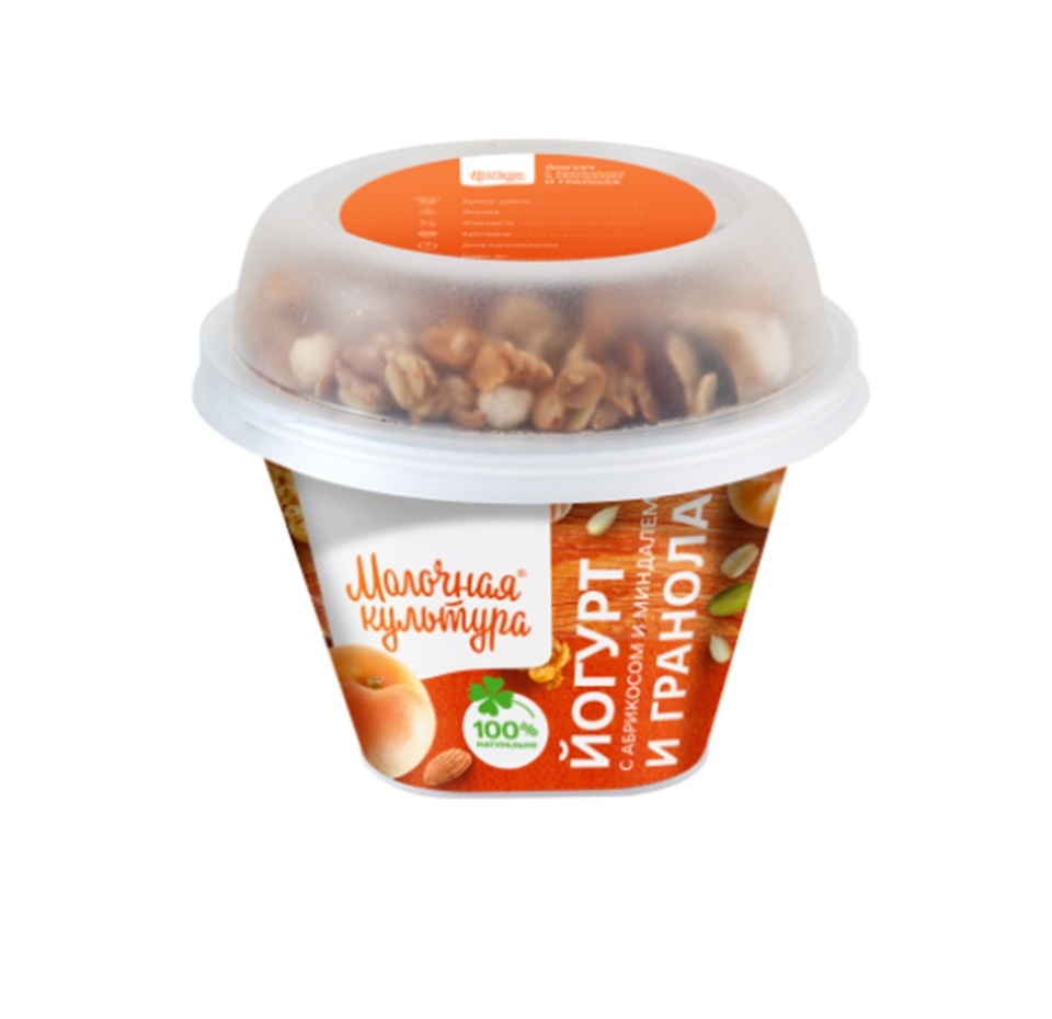 

Йогурт Молочная Культура с гранолой, абрикосом, миндалём и изюмом 2.7-3.5% 215 г