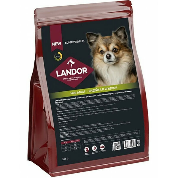 Landor Mini adult корм для взрослых собак мелких пород индейка и ягненок 3 кг