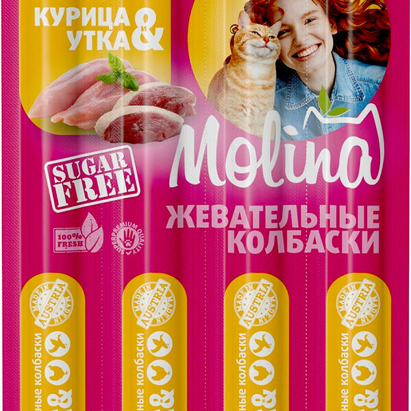 Лакомства для кошек Molina Жевательные колбаски курица утка