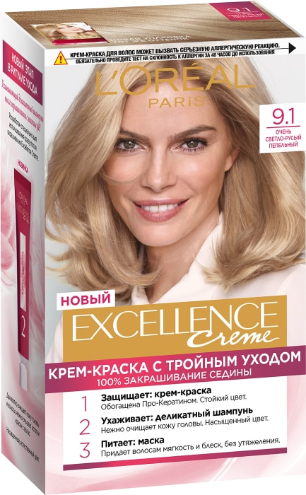 

Крем-краска для волос L'Oreal Paris Excellence creme оттенок 9.1 очень светло-русый пепельный 192 мл