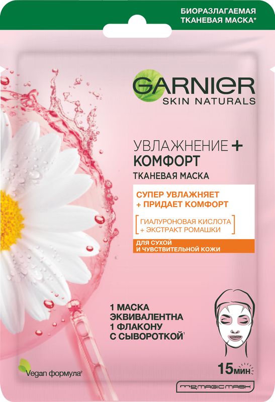 

Маска тканевая Garnier Skin Naturals Увлажнение + Комфорт для сухой и чувствительной кожи 28 г дизайн упаковки в ассортименте