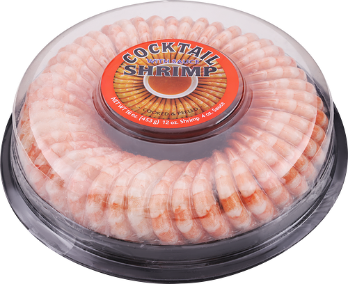 Креветки варено-мороженые COCKTAIL SHRIMP с соусом, очищенные с 
хвостиком 51/60, 453г